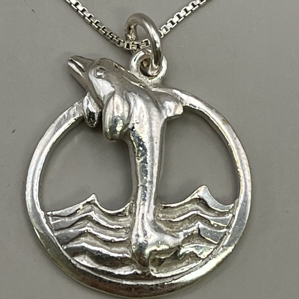 Sterling Silver Dolphin Circle Pendant Necklace
